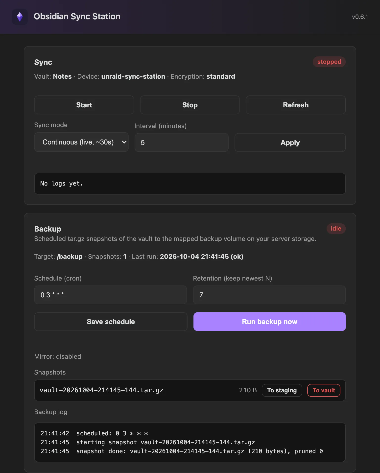The Obsidian Sync Station web UI: a Sync card with vault, device and encryption, start and stop buttons and the sync mode, and a Backup card with cron schedule, retention, one snapshot and the backup log