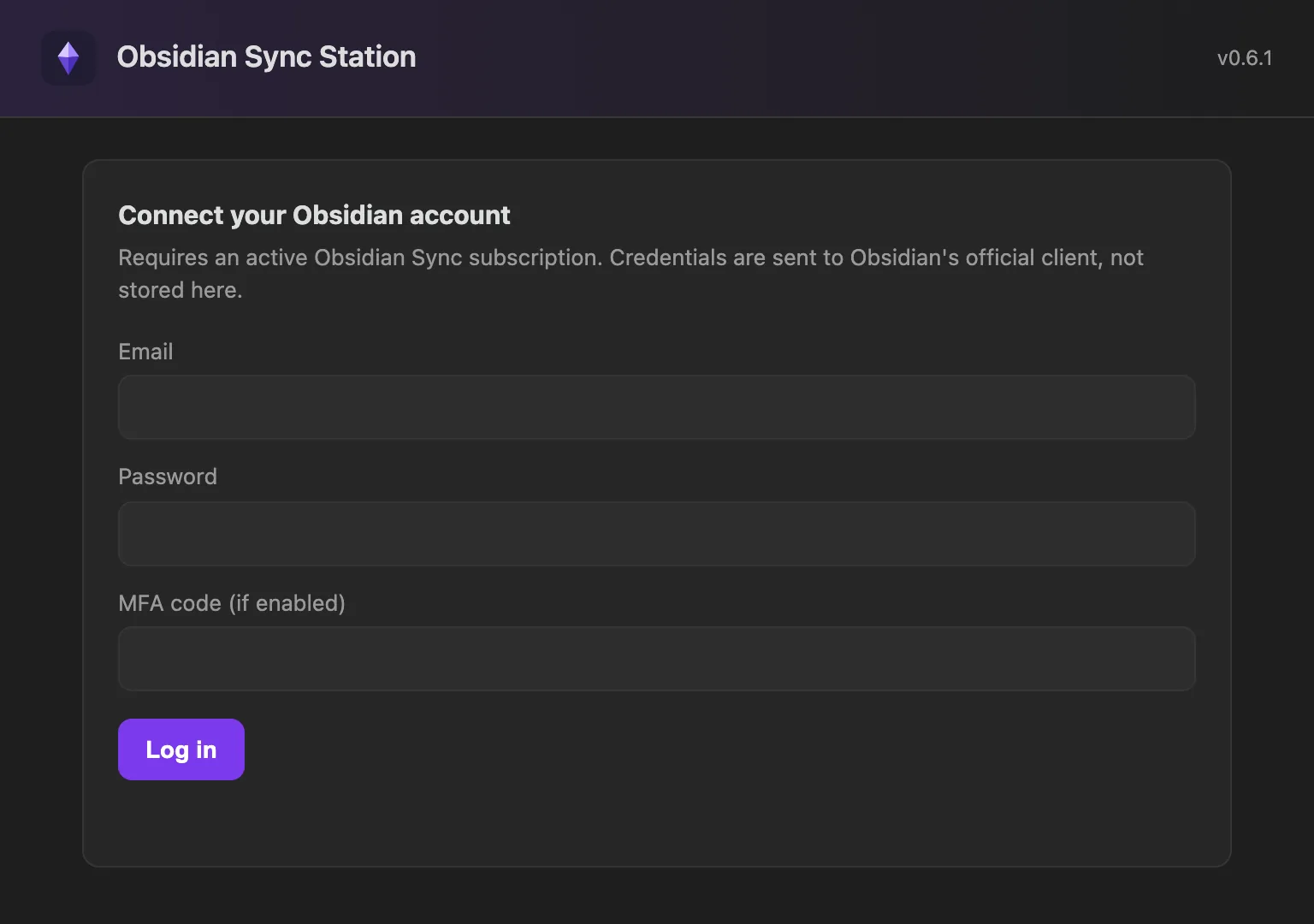 The web UI asking to connect an Obsidian account, with email, password and MFA code fields